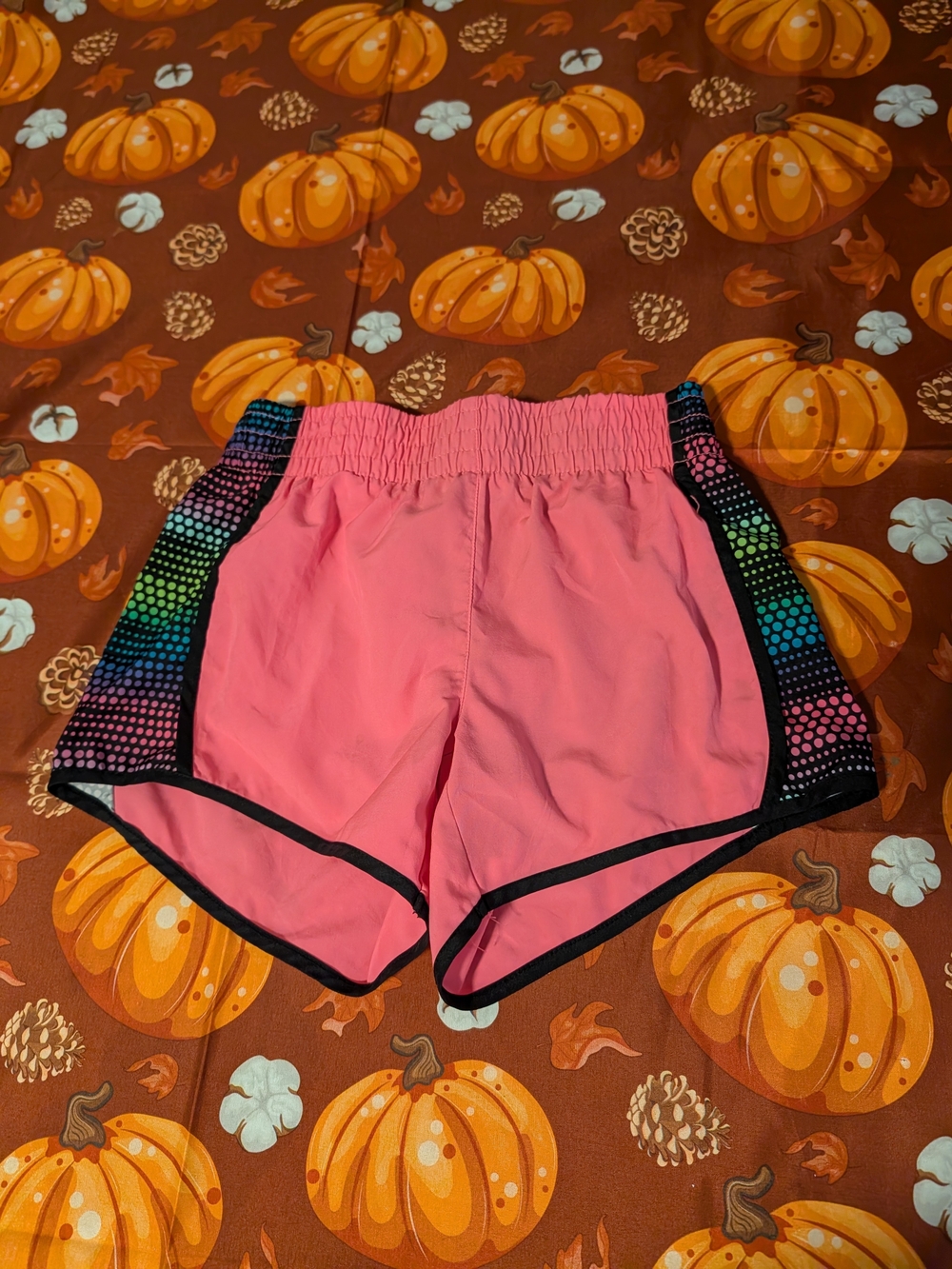 Justice Pink Athletic Shorts with Rainbow Dot Side Panels